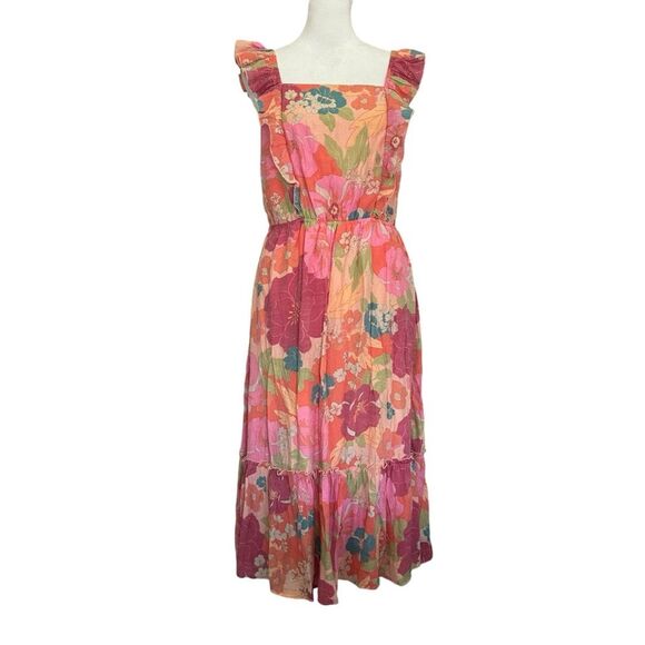 Frye Woman M Bright Floral Ruffled Smocked Dress NWT Flutter Sleeve Summer - Picture 1 of 10